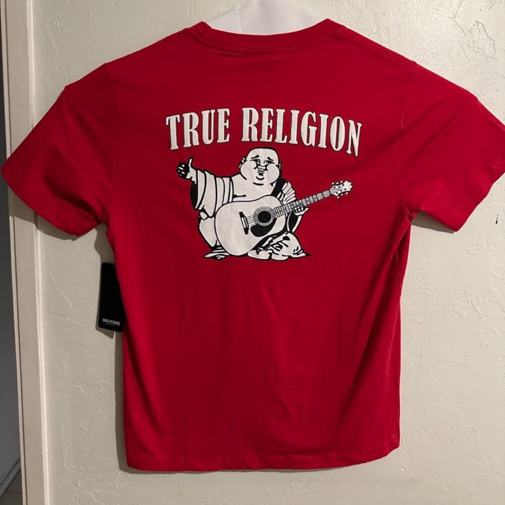 True Religion T- Shirt Mens L Big Buddha Tangle Crew Neck Red Dahlia